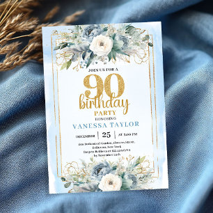Dusty Blue Gold Frame Modern 90th Birthday Invite