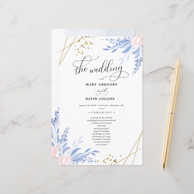 Dusty Blue Gold Geometric Floral Wedding Ceremony (Front/Back In Situ)