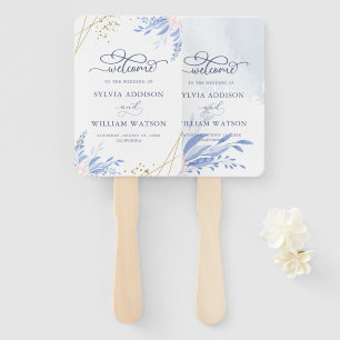 Dusty Blue Gold Geometric Pink Floral Wedding Hand Fan