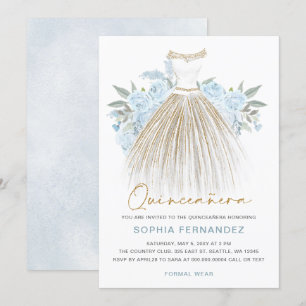 Dusty Blue gold glitter Floral Dress Quinceañera Invitation