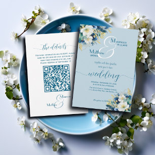 Dusty Blue Gold Glitter Floral QR Code Wedding Invitation