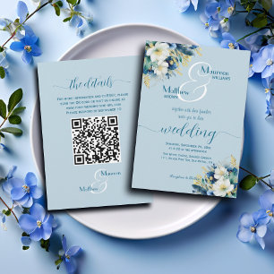 Dusty Blue Gold Glitter Floral QR Code Wedding Invitation