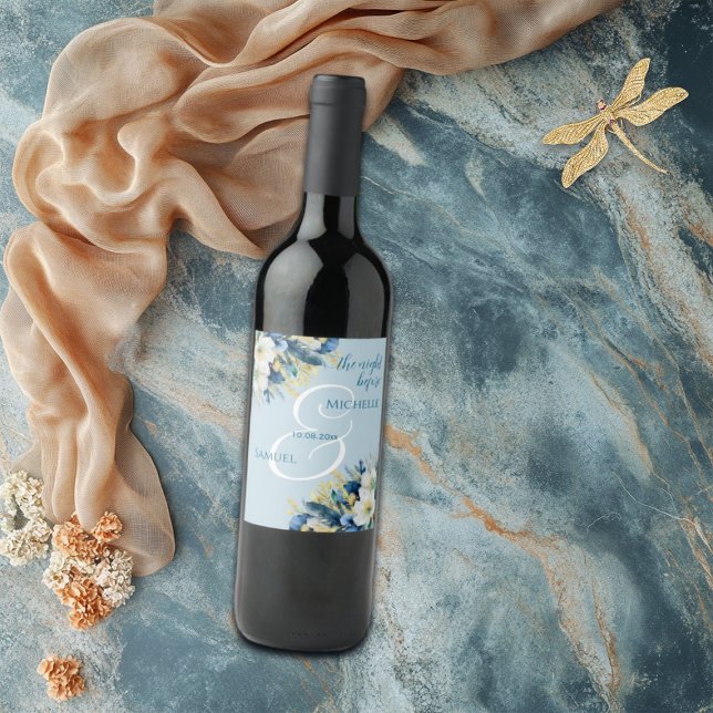 Dusty Blue Gold Glitter Floral The Night Before Wine Label (Creator Uploaded)
