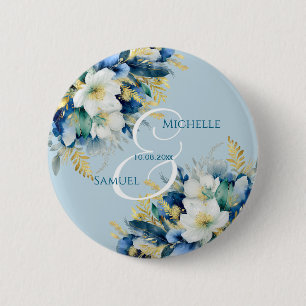 Dusty Blue Gold Glitter Floral Wedding 2 Inch Round Button