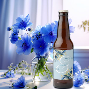 Dusty Blue Gold Glitter Floral Wedding Beer Bottle Label