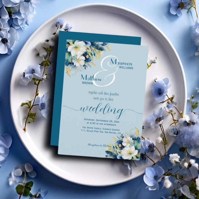 Dusty Blue Gold Glitter Floral Wedding Invitation (Creator Uploaded)