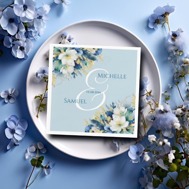 Dusty Blue Gold Glitter Floral Wedding Napkin (Creator Uploaded)