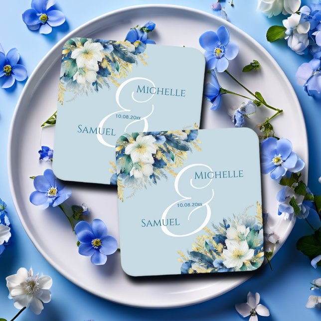 Dusty Blue Gold Glitter Floral Wedding Square Paper Coaster (Creator Uploaded)