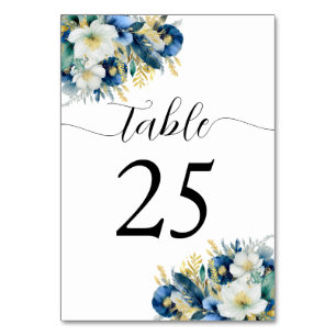 Dusty Blue Gold Glitter Floral Wedding Table Number