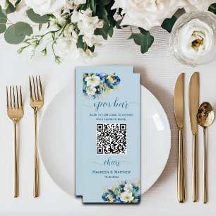 Dusty Blue Gold Glitter QR Code Wedding Open Bar Menu
