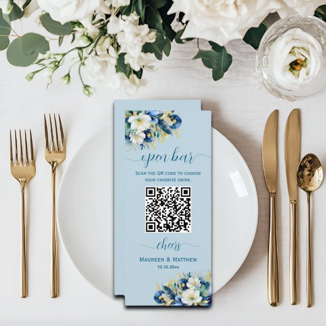 Dusty Blue Gold Glitter QR Code Wedding Open Bar Menu (Creator Uploaded)