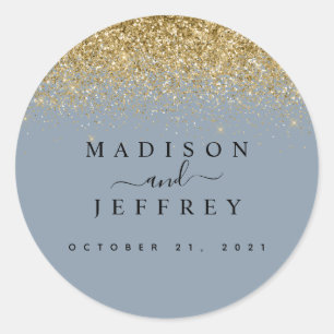 Dusty Blue & Gold Glitter Wedding Classic Round Sticker