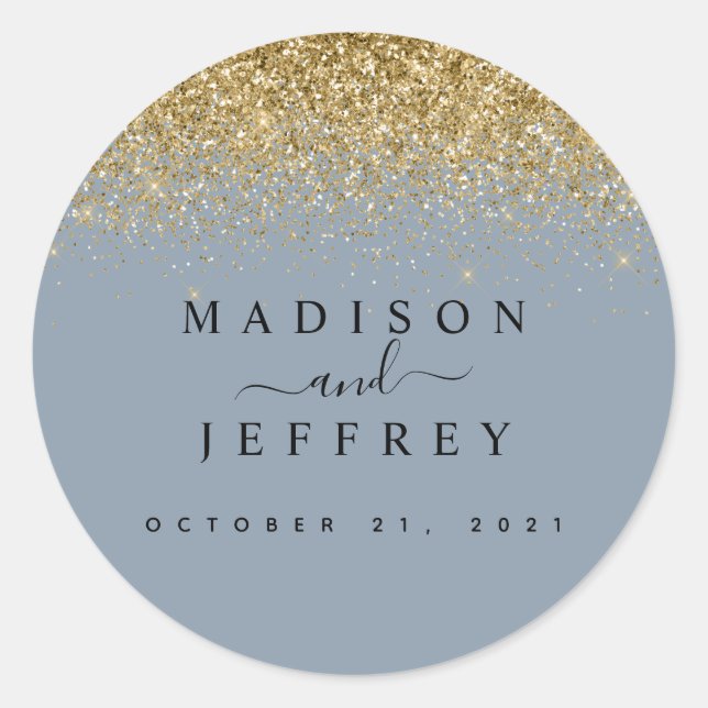 Dusty Blue & Gold Glitter Wedding Classic Round Sticker (Front)