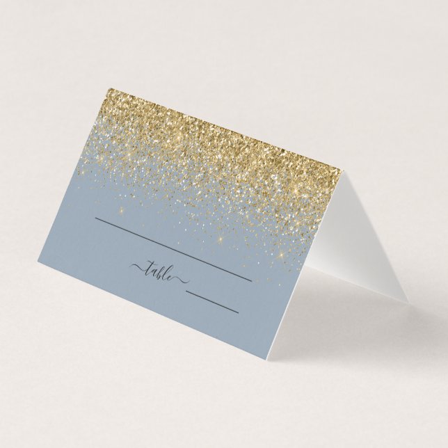 Dusty Blue & Gold Glitter Wedding Place Card (Front)