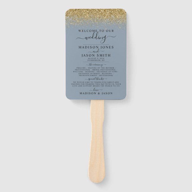 Dusty Blue & Gold Glitter Wedding Program Hand Fan (Front)