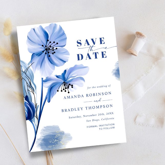 Dusty Blue & Gold Glitter Wedding Save The Date Invitation (Creator Uploaded)