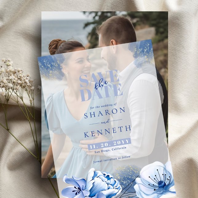 Dusty Blue & Gold Glitter Wedding Save The Date Vellum Invitations (Creator Uploaded)