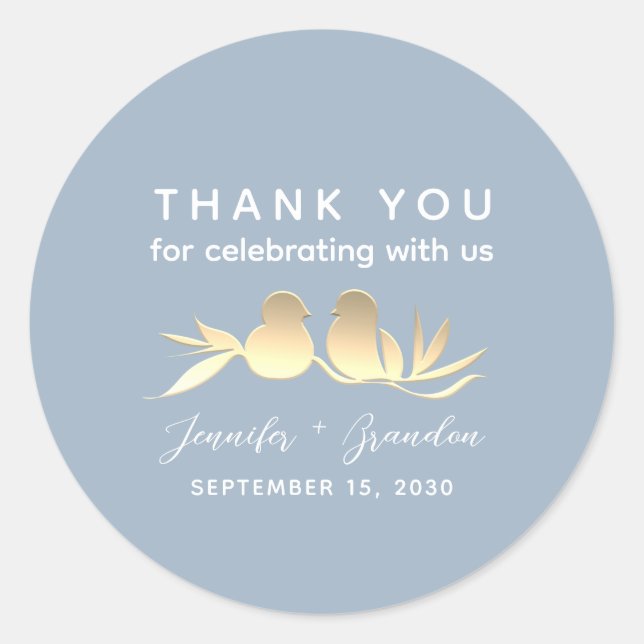 Dusty Blue Gold Lovebirds Thank You Classic Round Sticker (Front)
