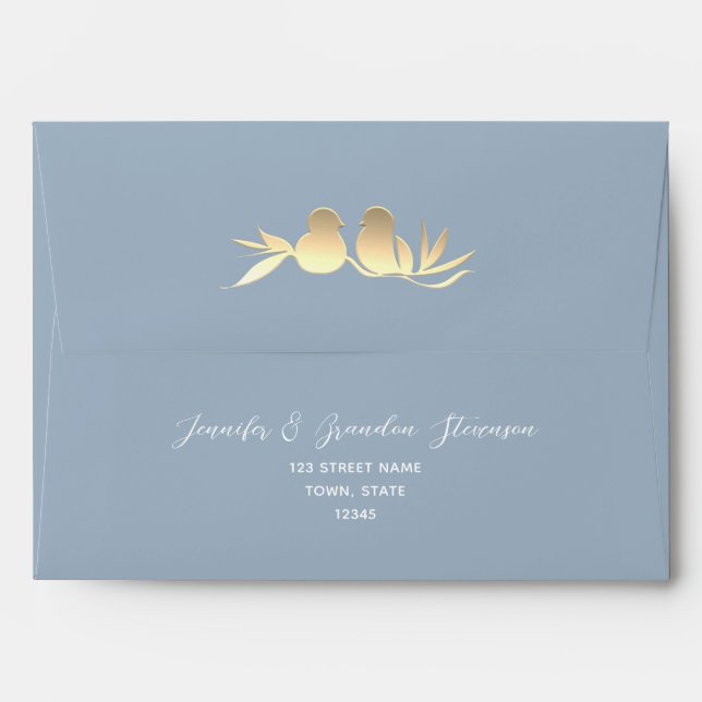 Dusty Blue Gold Lovebirds Wedding Envelope (Back (Top Flap))