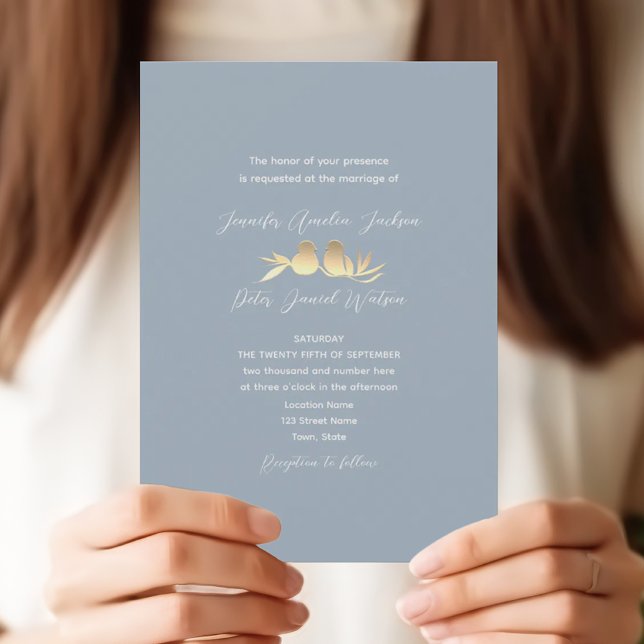 Dusty Blue Gold Lovebirds Wedding Invitation (Creator Uploaded)