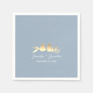 Dusty Blue Gold Lovebirds Wedding  Napkin