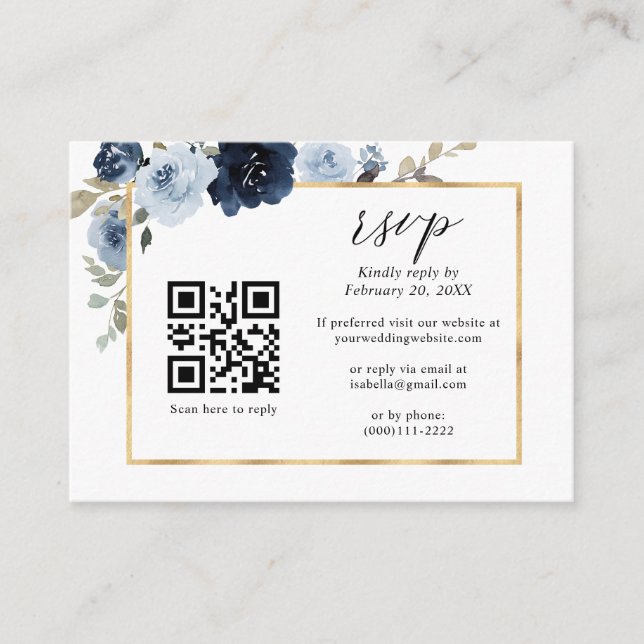 Dusty Blue Gold Navy Floral QR Code Wedding RSVP Enclosure Card (Front)