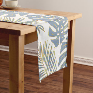 Dusty blue, gold palm and monstera tropical leaves short table runner