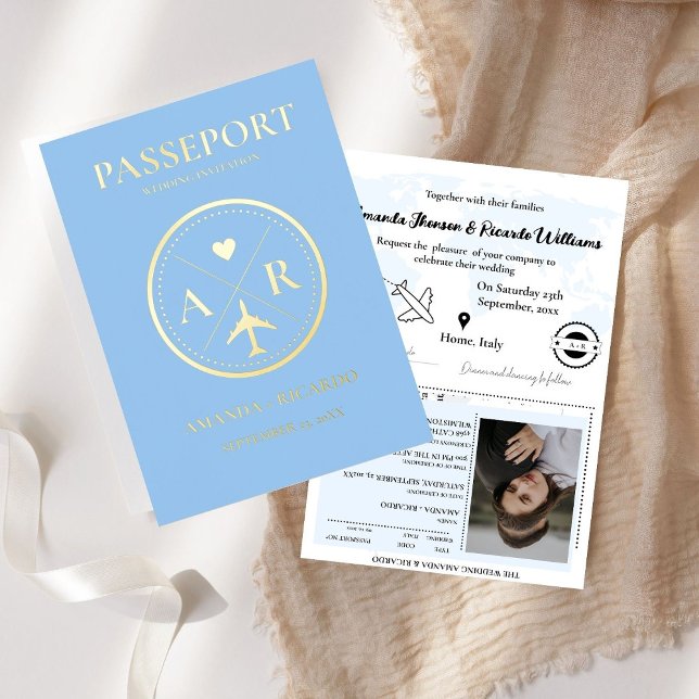 Dusty Blue & Gold Passport Faire-part de mariage (Créateur téléchargé)