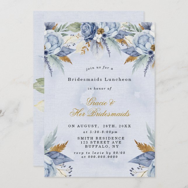 Dusty Blue Gold Peony Bridesmaids Invitations de d (Devant / Derrière)