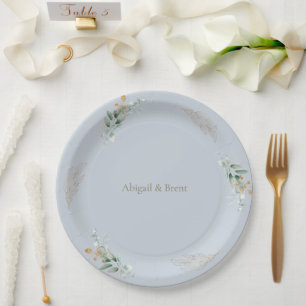 Dusty Blue & Gold Personalized Foliage Wedding Paper Plate