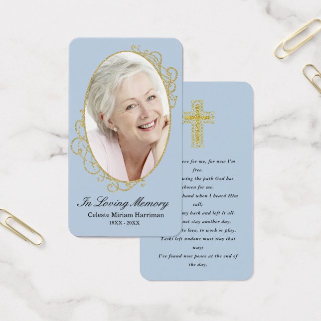 Dusty Blue Gold Photo Funeral Prayer Card (Office)