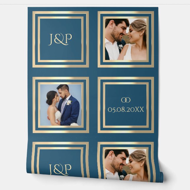 Dusty blue gold photo names wedding decoration wallpaper (Unrolling)