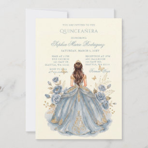 Dusty Blue Gold Princess Floral Quinceañera Invitation