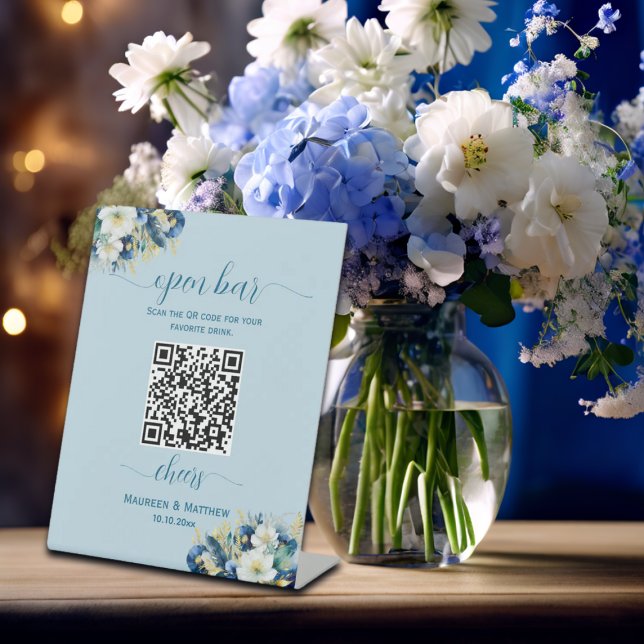 Dusty Blue Gold QR Code Wedding Open Bar Menu Pedestal Sign (Creator Uploaded)