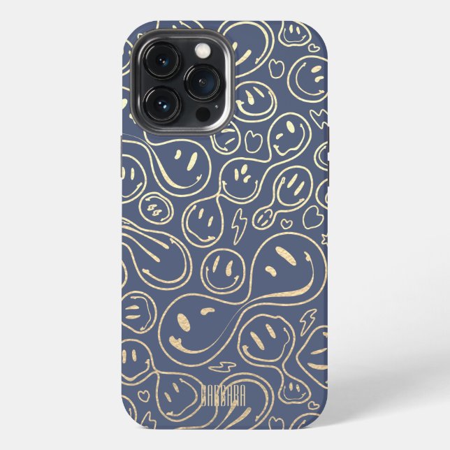 Dusty Blue Gold Smile Smiling Face Pattern Modern iPhone Case (Back)