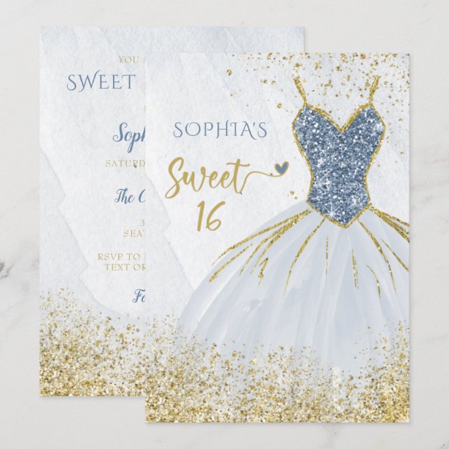 Dusty Blue Gold Sparkle Dress Sweet 16 birthday Invitation (Front/Back)