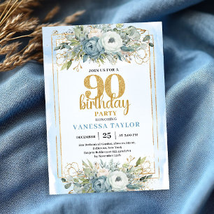 Dusty Blue Gold Sparkle Elegant 90th Birthday Invitation