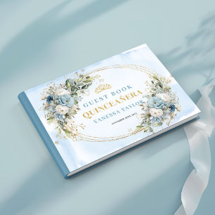 Dusty Blue Gold Tiara Quinceañera Sign‑In Book