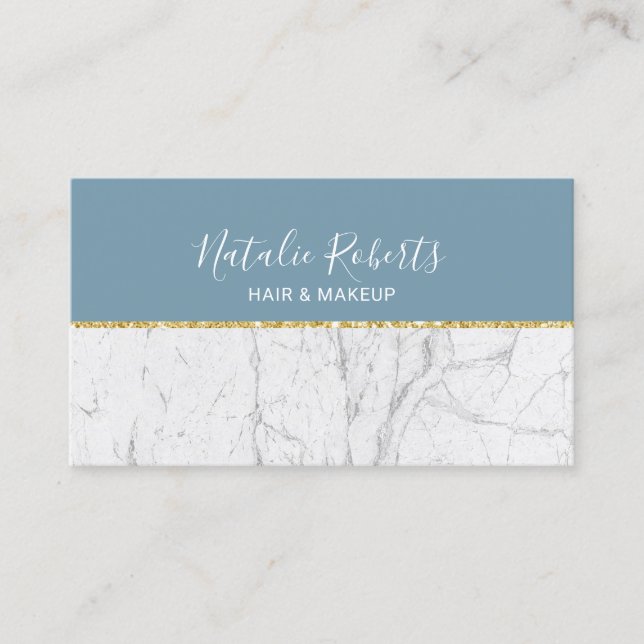 Dusty Blue Gold & White Marble Modern Beauty Salon Business Card (Front)
