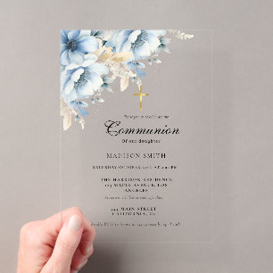 Dusty Blue Gold Wildflower First Holy Communion Acrylic Invitations