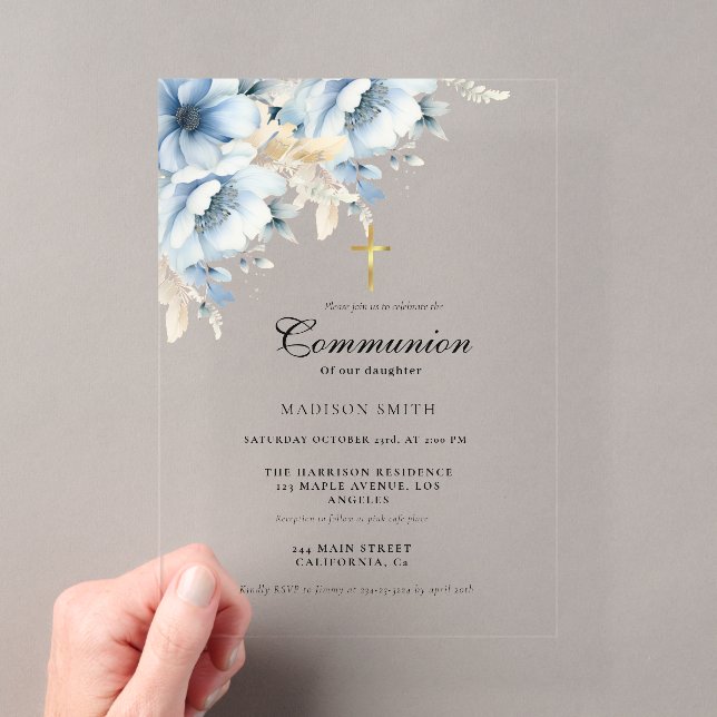  Dusty Blue Gold Wildflower First Holy Communion Acrylic Invitations (Insitu (Handheld))