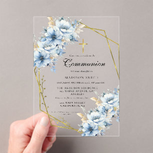 Dusty Blue Gold Wildflower First Holy Communion Acrylic Invitations