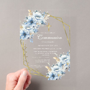 Dusty Blue Gold Wildflower First Holy Communion Acrylic Invitations