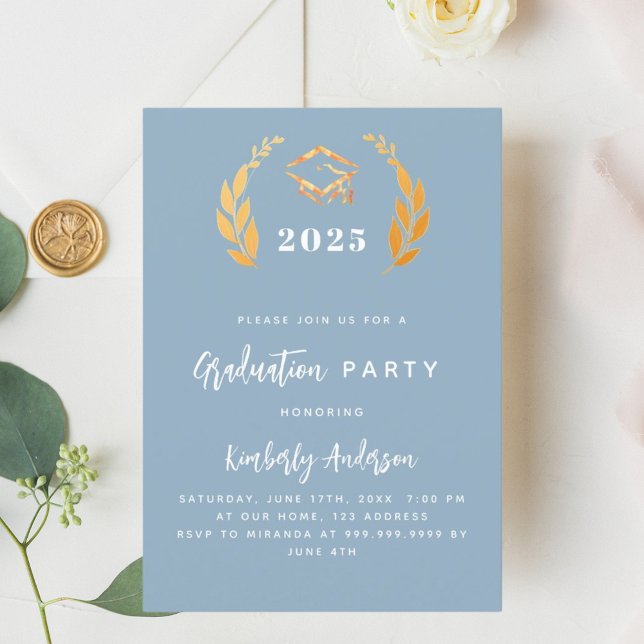 Dusty blue gold wreath 2025 Graduation Party Invitation (Creator Uploaded)