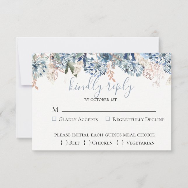 Dusty Blue Golden Botanical Wedding Carte RSVP (Devant)