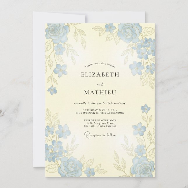 Dusty Blue Graceful Rose Wedding Invitation (Front)