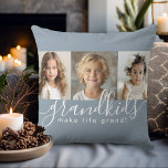 Dusty Blue Grandkids Make Life Grand Photo Collage Throw Pillow<br><div class="desc">A thoughtful gift for grandparents, this personalized pillow design features a 3-photo template to personalize with photos of the grandchildren. A combination of modern handwritten script combined with a modern sans serif font spell out "grandkids make life grand!" The background is a popular dusty blue that has a modern vibe....</div>