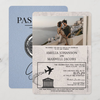 Dusty Blue Greece Passport Wedding Invitation