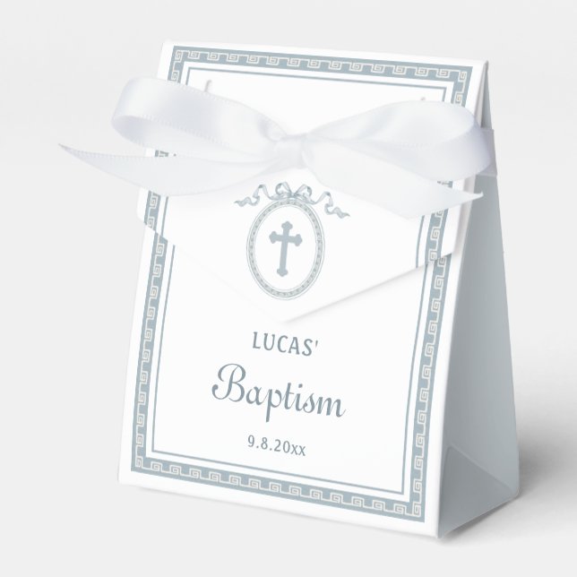 Dusty Blue Greek Frame Baptism Tent Favor Box (Front Side)