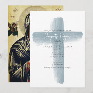 Dusty Blue Greek Orthodox Christening Boy Baptism Invitation